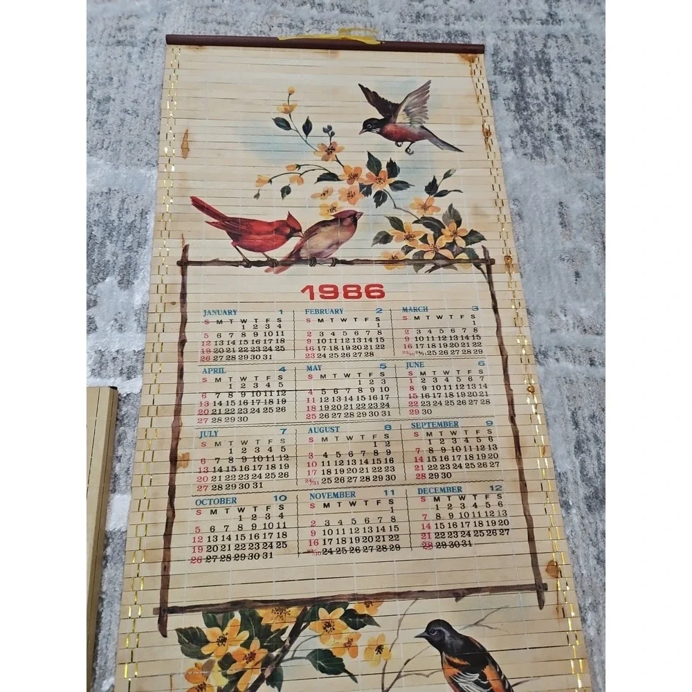 Vintage‎ 1986 Wooden Scroll Calendar Cane Wall Hanging Floral Scene Birds